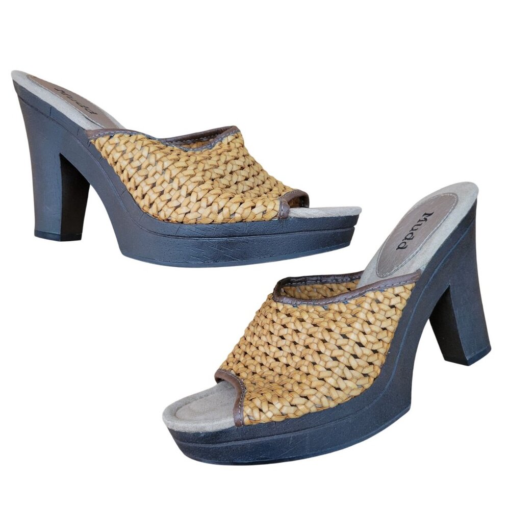 Mudd 9 Sandals Open Toe Mustard Yellow Basket Weave Heels Platforms‎ Y2K